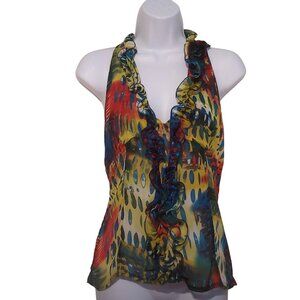 Y2K Sheer Colorful Empire Waist Ruffle Halter Top XL Tru Myth Festival